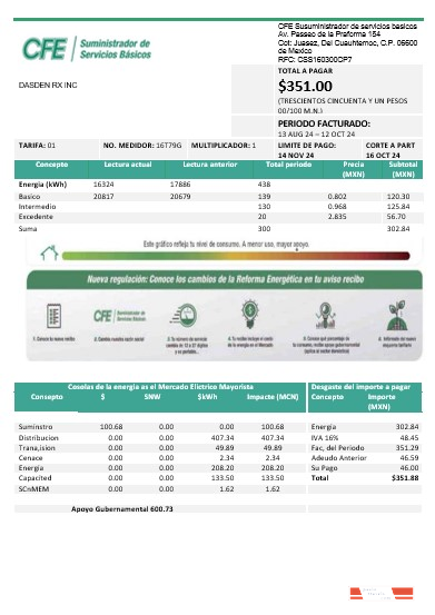 Mexico Electricity CFE business utility bill template in Word and PDF formats, fully editable